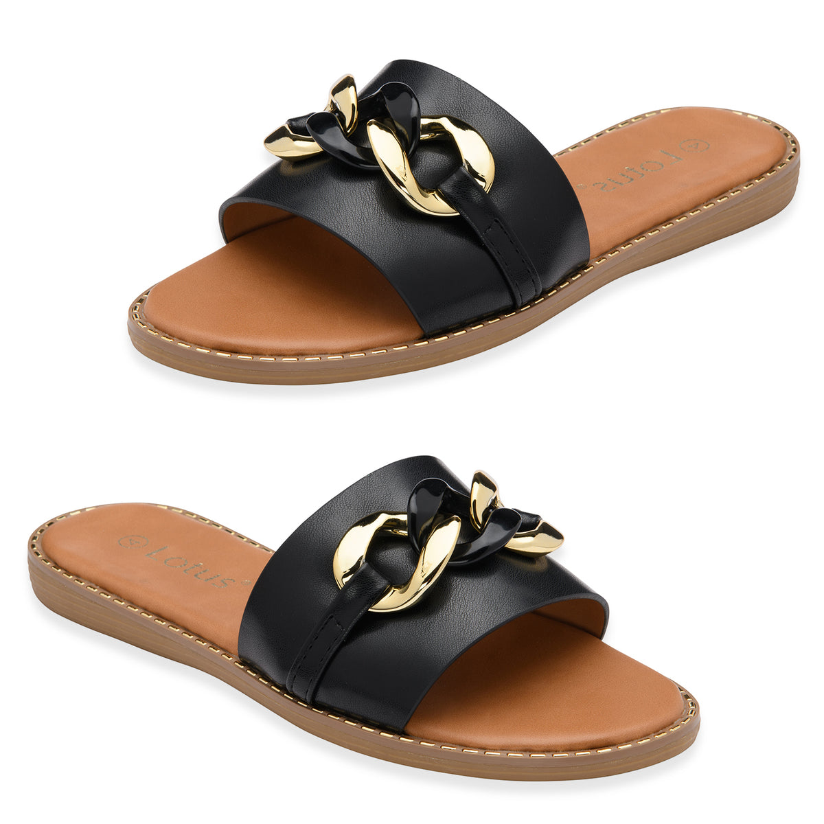 Lotus Vida Flat Open-Toe Mule Sandal With Chunky Curb Chain Detail (Size 6) - Black 8647240 0