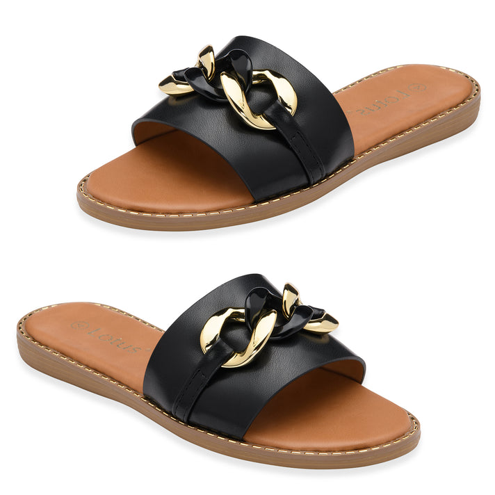 Lotus Vida Flat Open-Toe Mule Sandal With Chunky Curb Chain Detail (Size 6) - Black 8647240 1
