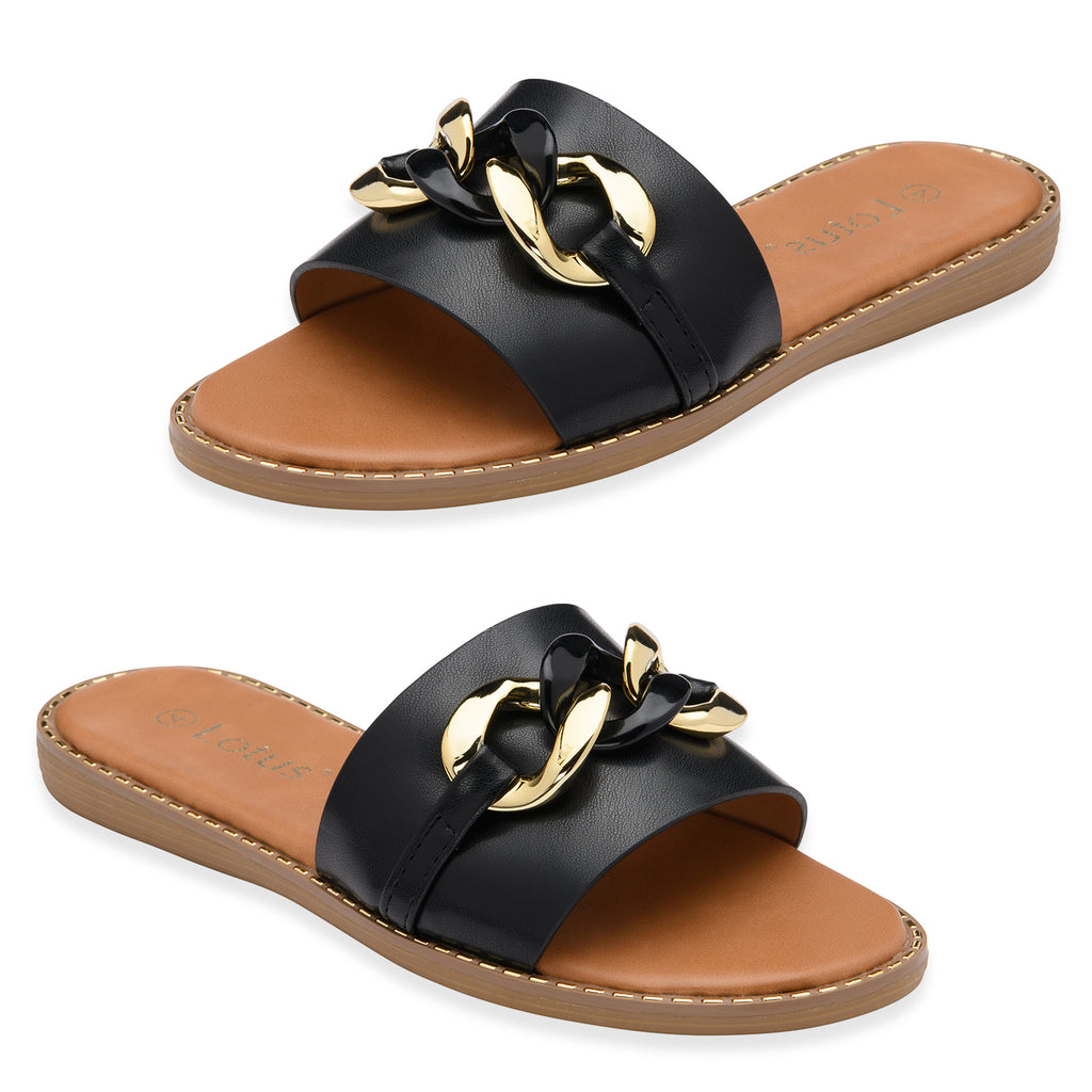 Lotus Vida Flat Open-Toe Mule Sandal With Chunky Curb Chain Detail (Size 8) - Black_8647242