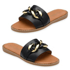Lotus Vida Flat Open-Toe Mule Sandal With Chunky Curb Chain Detail (Size 8) - Black_8647242