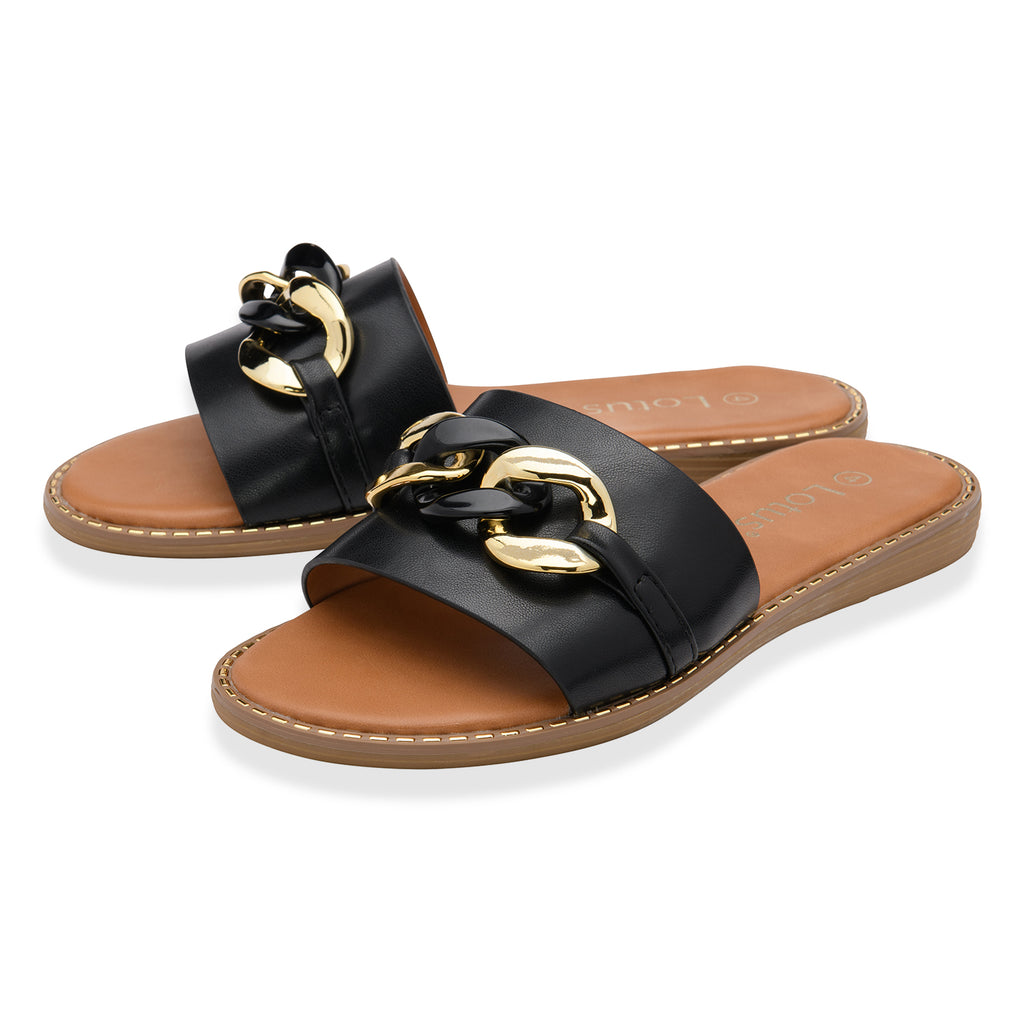 Lotus Vida Flat Open-Toe Mule Sandal With Chunky Curb Chain Detail (Size 8) - Black_8647242_1