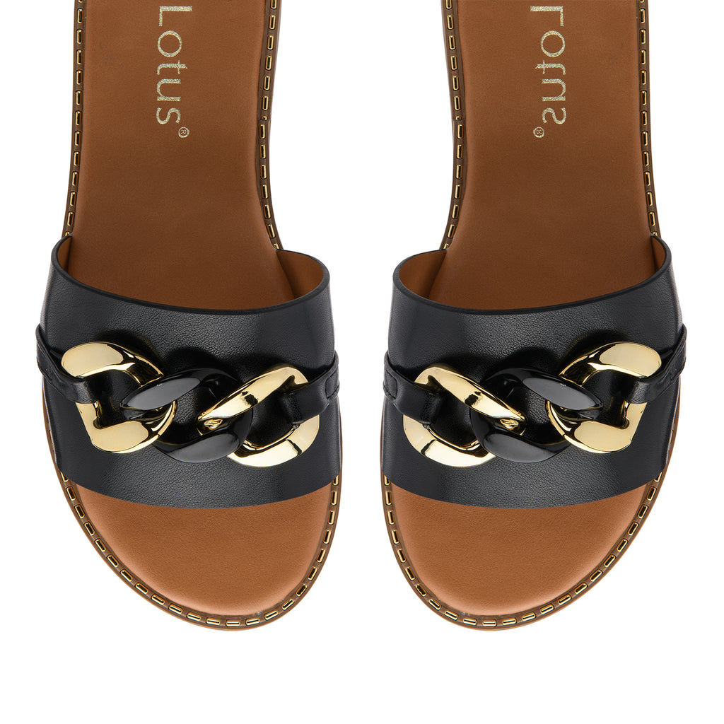 Lotus Vida Flat Open-Toe Mule Sandal With Chunky Curb Chain Detail (Size 8) - Black_8647242_2