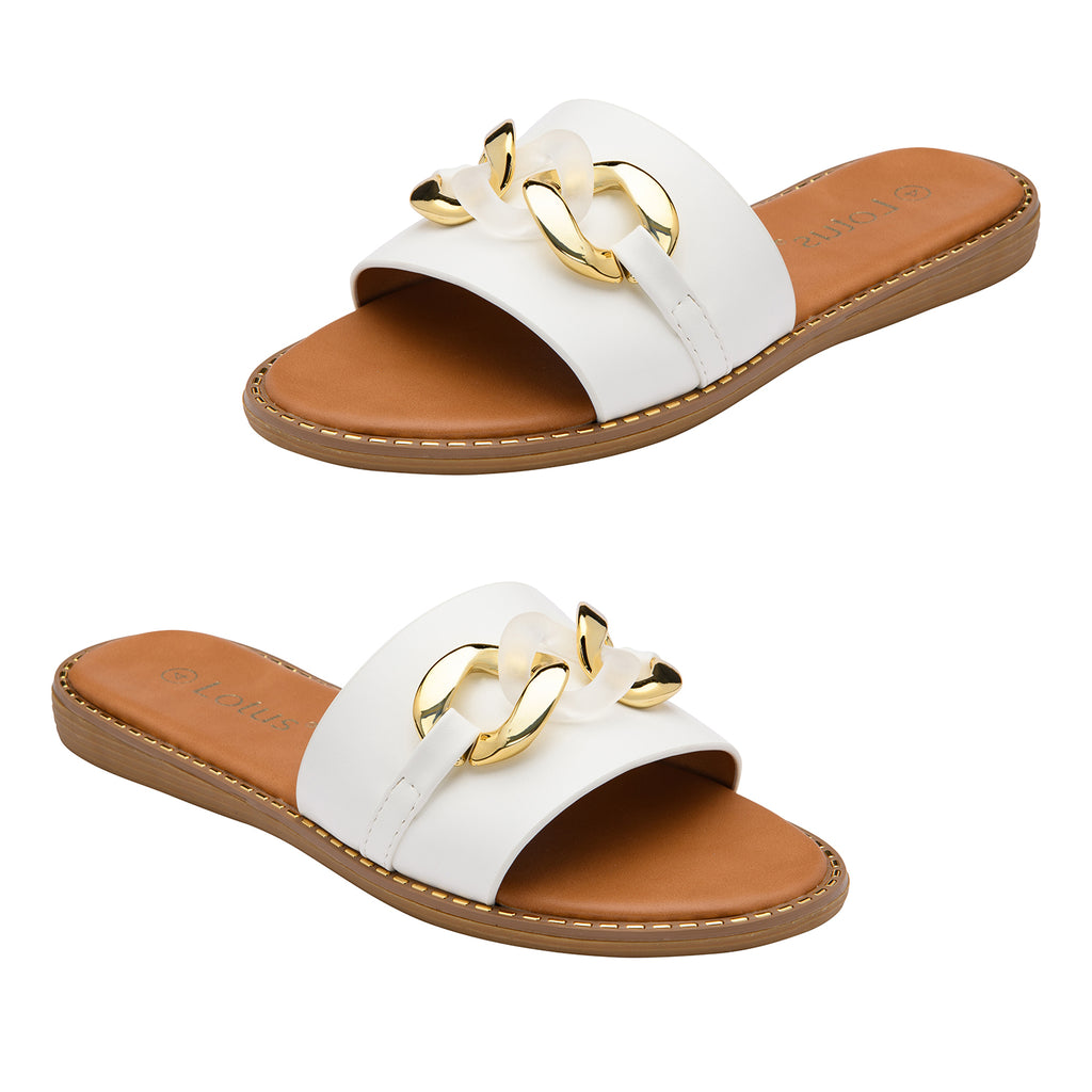 Lotus Vida Flat Open-Toe Mule Sandal With Chunky Curb Chain Detail (Size 6) - White_8647246