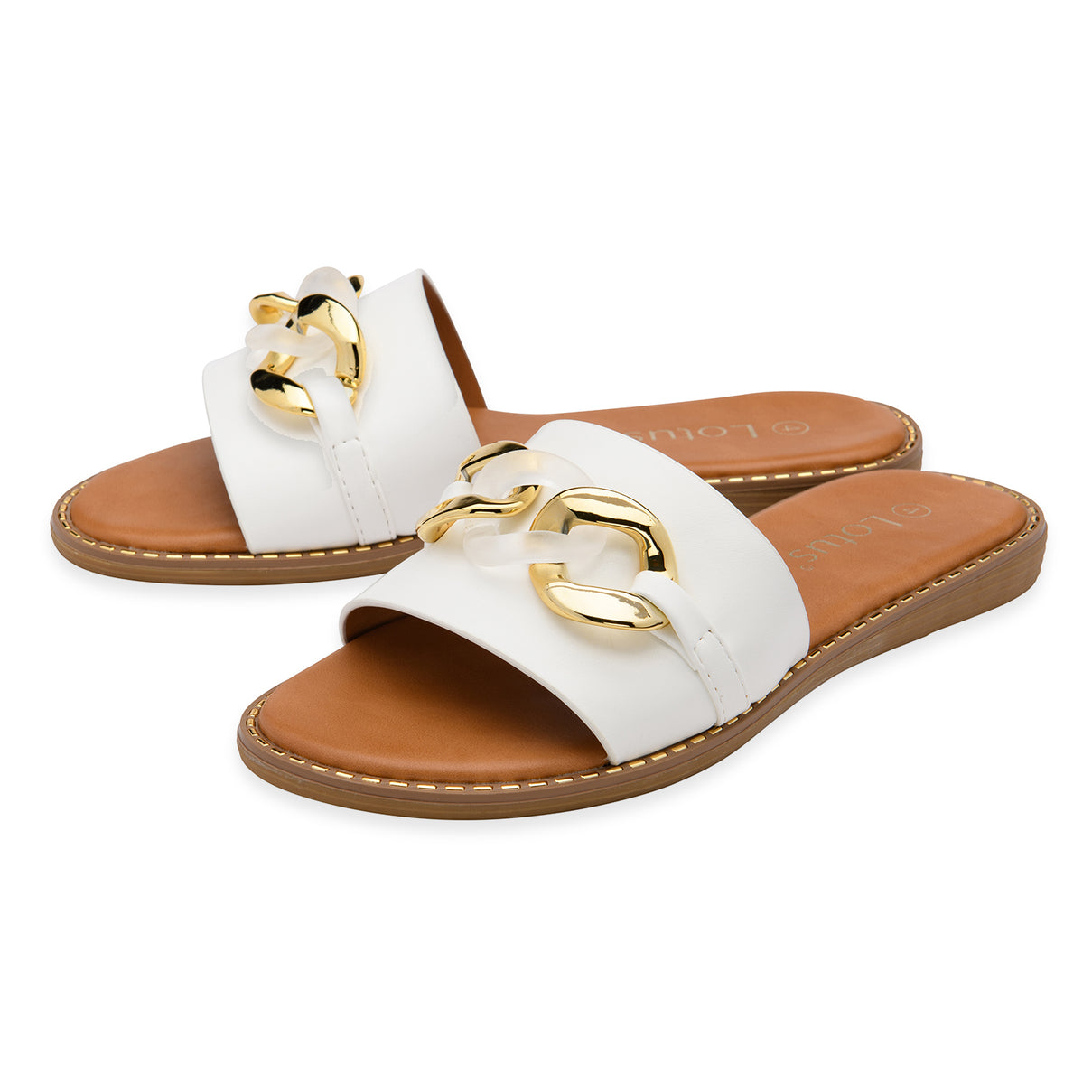 Lotus Vida Flat Open-Toe Mule Sandal With Chunky Curb Chain Detail (Size 6) - White V32528752 1