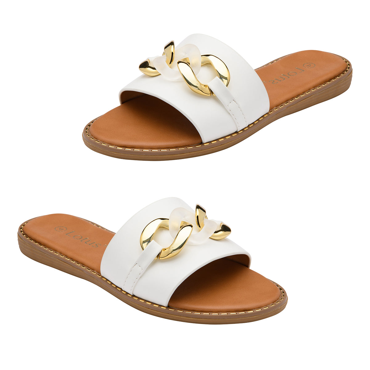 Lotus Vida Flat Open-Toe Mule Sandal With Chunky Curb Chain Detail (Size 7) - White V32578410 0
