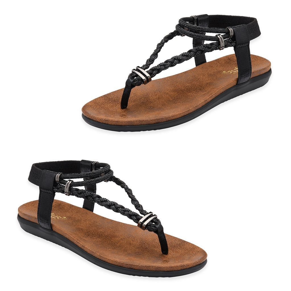 Lotus Textile Sol Flat Diamante Braided T-bar Straps Toe Post Sandals (Size 4) - Black_8647256