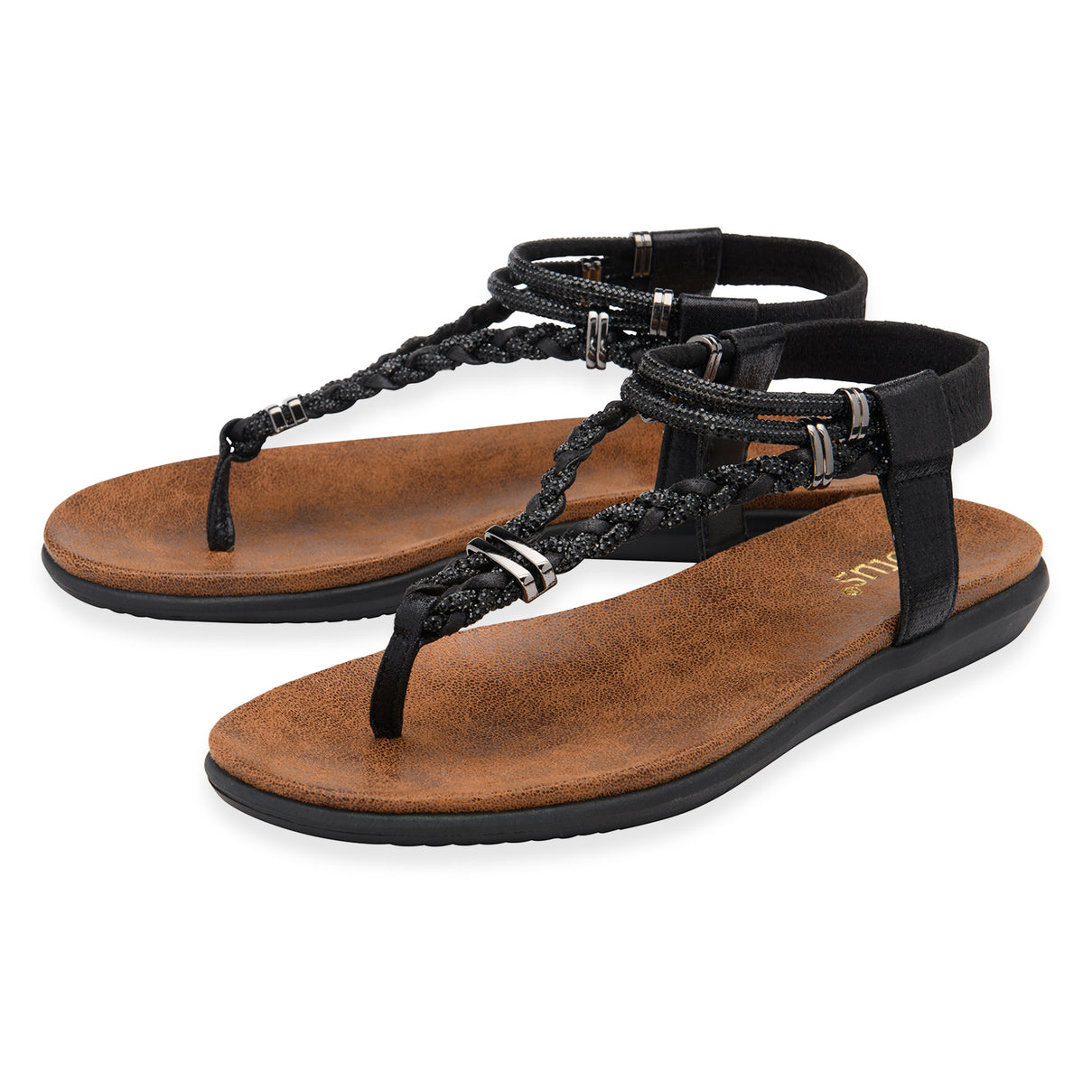 Lotus Textile Sol Flat Diamante Braided T-bar Straps Toe Post Sandals (Size 4) - Black V32528755 1