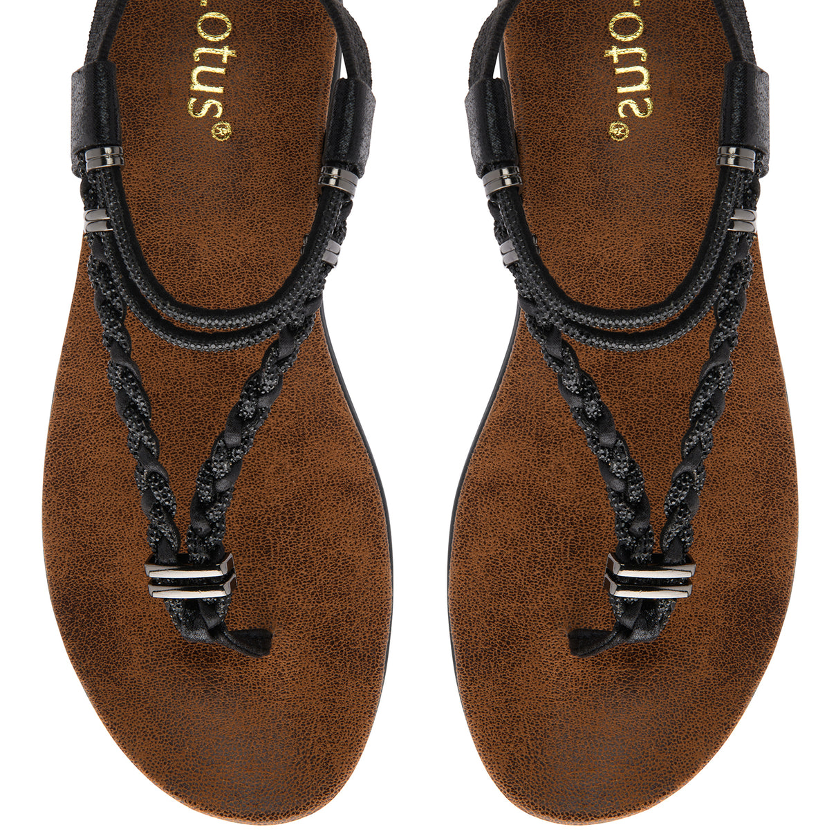 Lotus Textile Sol Flat Diamante Braided T-bar Straps Toe Post Sandals (Size 4) - Black V32528755 2