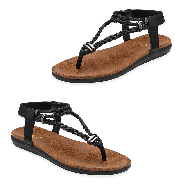 Lotus Textile Sol Flat Diamante Braided T-bar Straps Toe Post Sandals (Size 5) - Black 8647258 1
