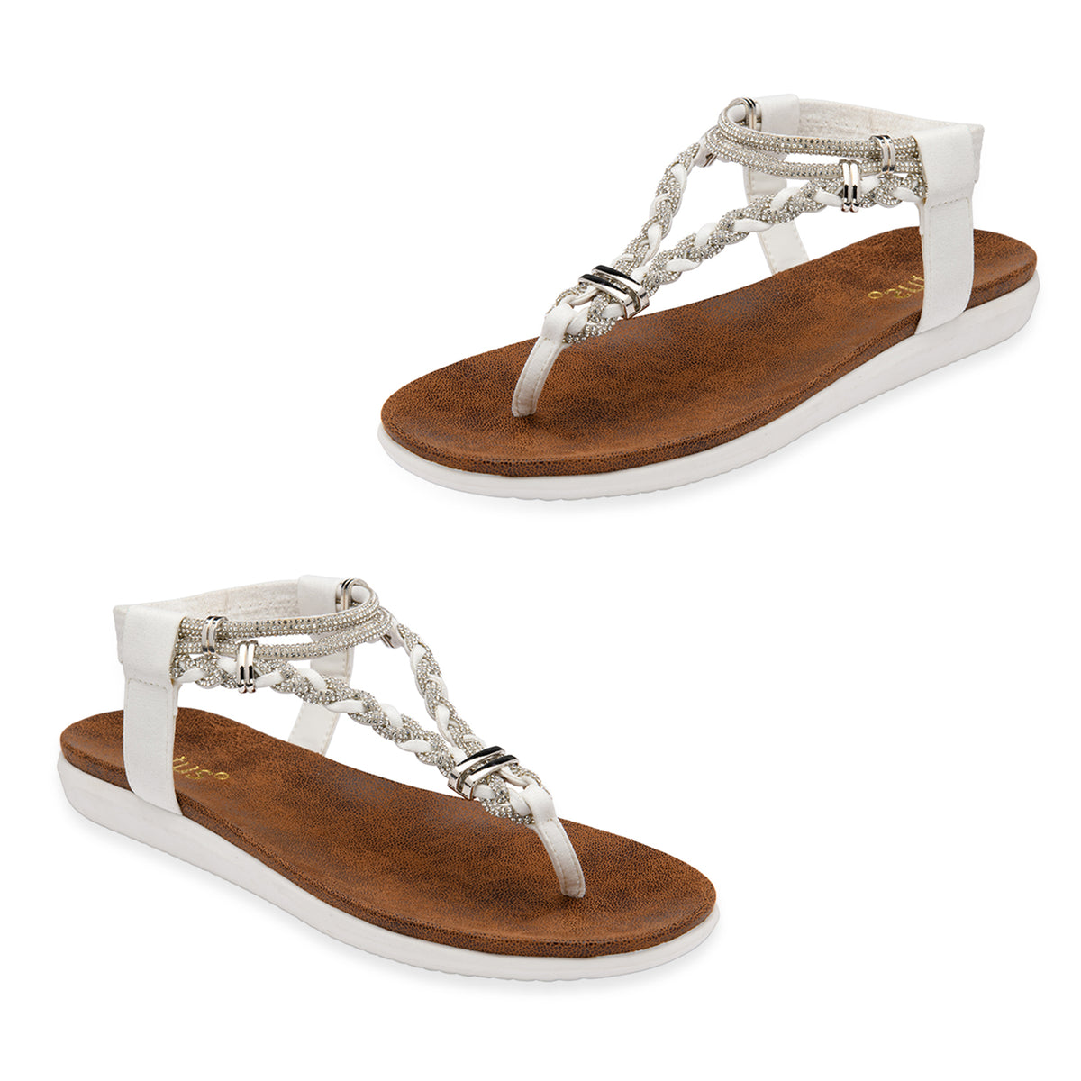Lotus Textile Sol Flat Diamante Braided T-bar Straps Toe Post Sandals (Size 8) - White V32605532 0