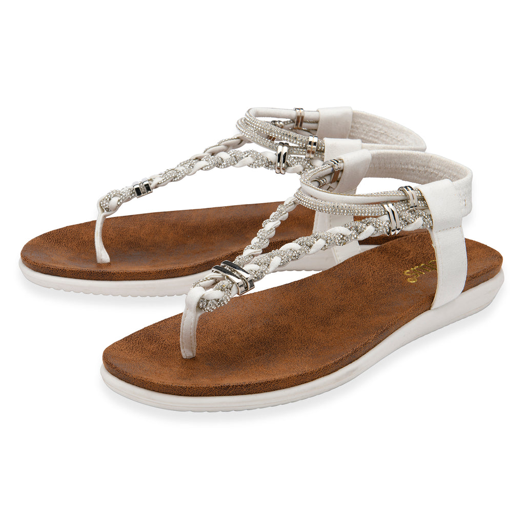 Lotus Textile Sol Flat Diamante Braided T-bar Straps Toe Post Sandals (Size 8) - White_8647265_1