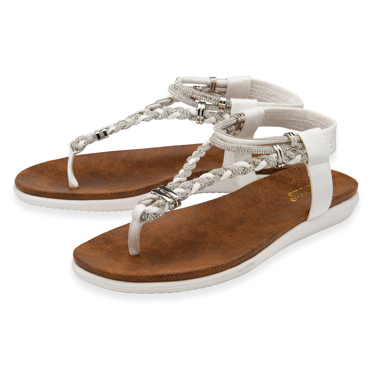 Lotus Textile Sol Flat Diamante Braided T-bar Straps Toe Post Sandals (Size 8) - White V32605532 1