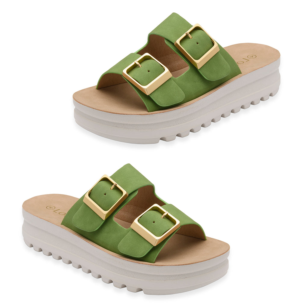 Lotus Volos Casual Open-Toe Double Buckle Strap Platform Mule Sandals (Size 8) - Green_8647907