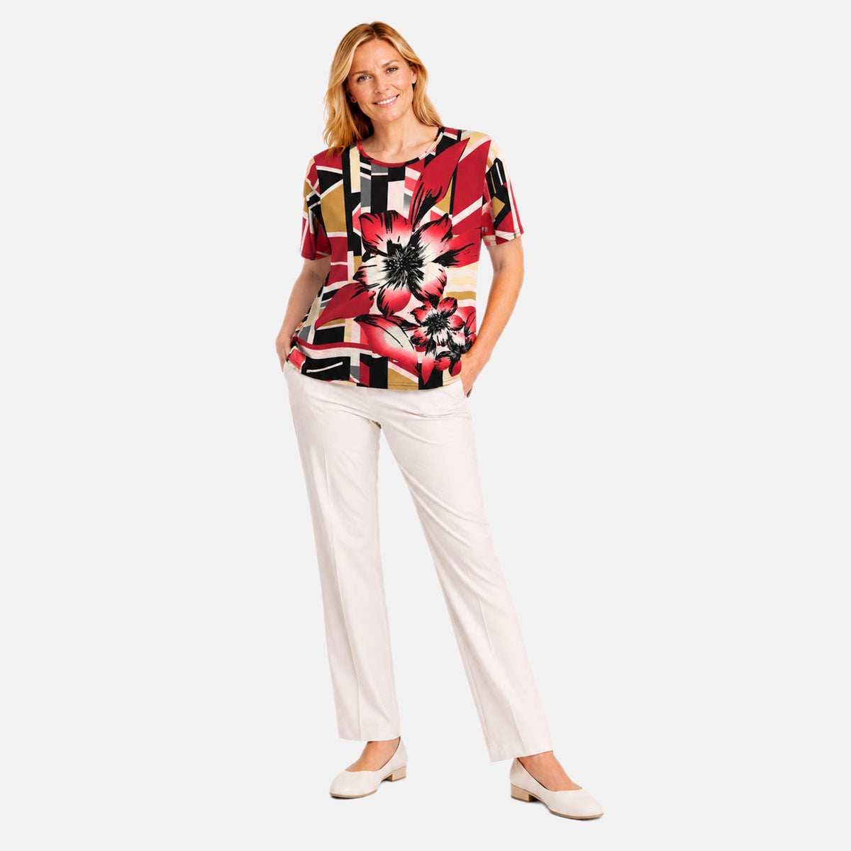 Pure And Natural Abstract Floral Print Top (Size 10-12) - Red V32570572 0