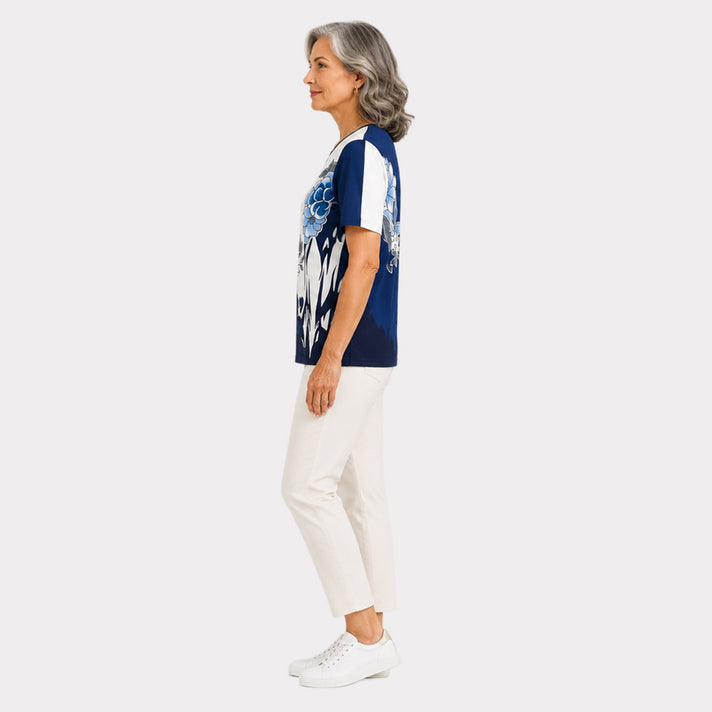 Pure &amp; Natural Womens Floral Print Colorblock Short Sleeve Top (Size 14/16) - Navy 8651521 2