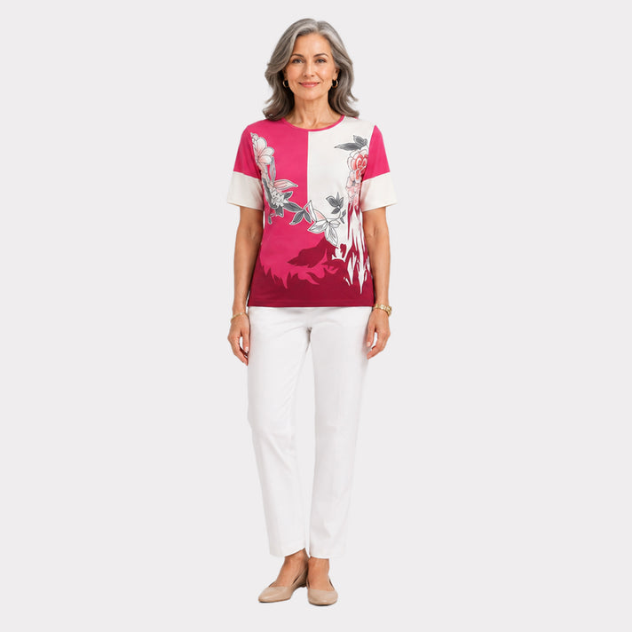 Pure &amp; Natural Womens Floral Print Colorblock Short Sleeve Top (Size 10/12) - Dusky Pink 8651709 1