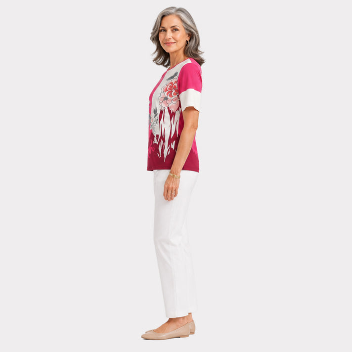 Pure &amp; Natural Womens Floral Print Colorblock Short Sleeve Top (Size 10/12) - Dusky Pink 8651709 2