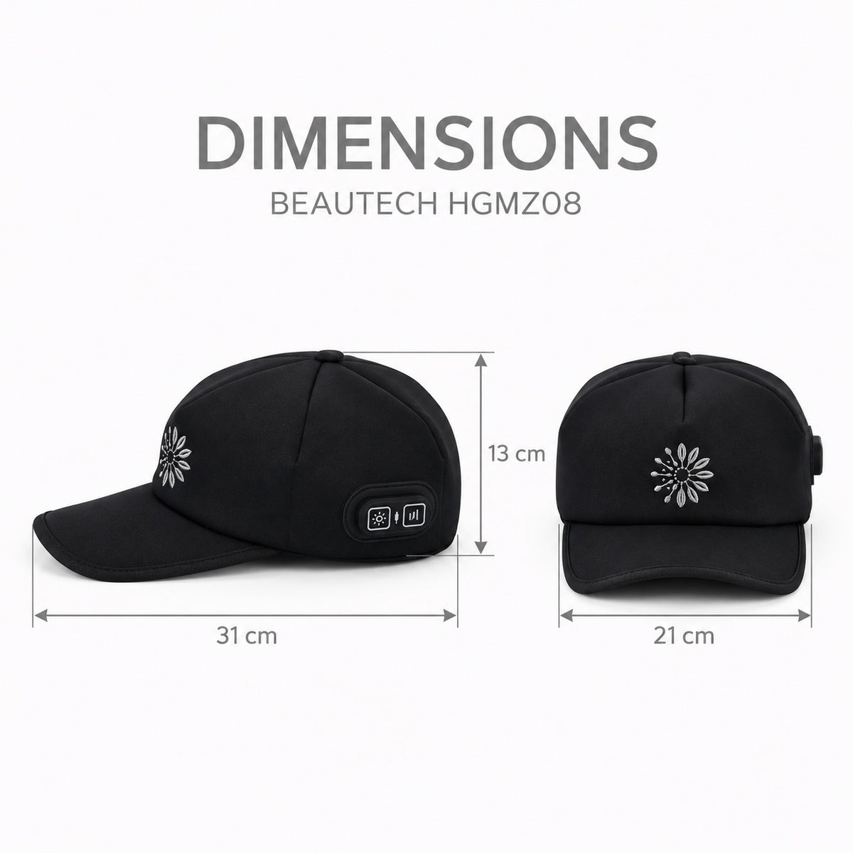 "Beautech HGMZ08 hair growth cap with heating - Black 1)LED Qty- 72pcs(3-in-1 chip) 2)Size- 31*21*13cm                                3)Weight-  200g            4)Material- Neoprene 5)Wavelength- 660n 8657826 5