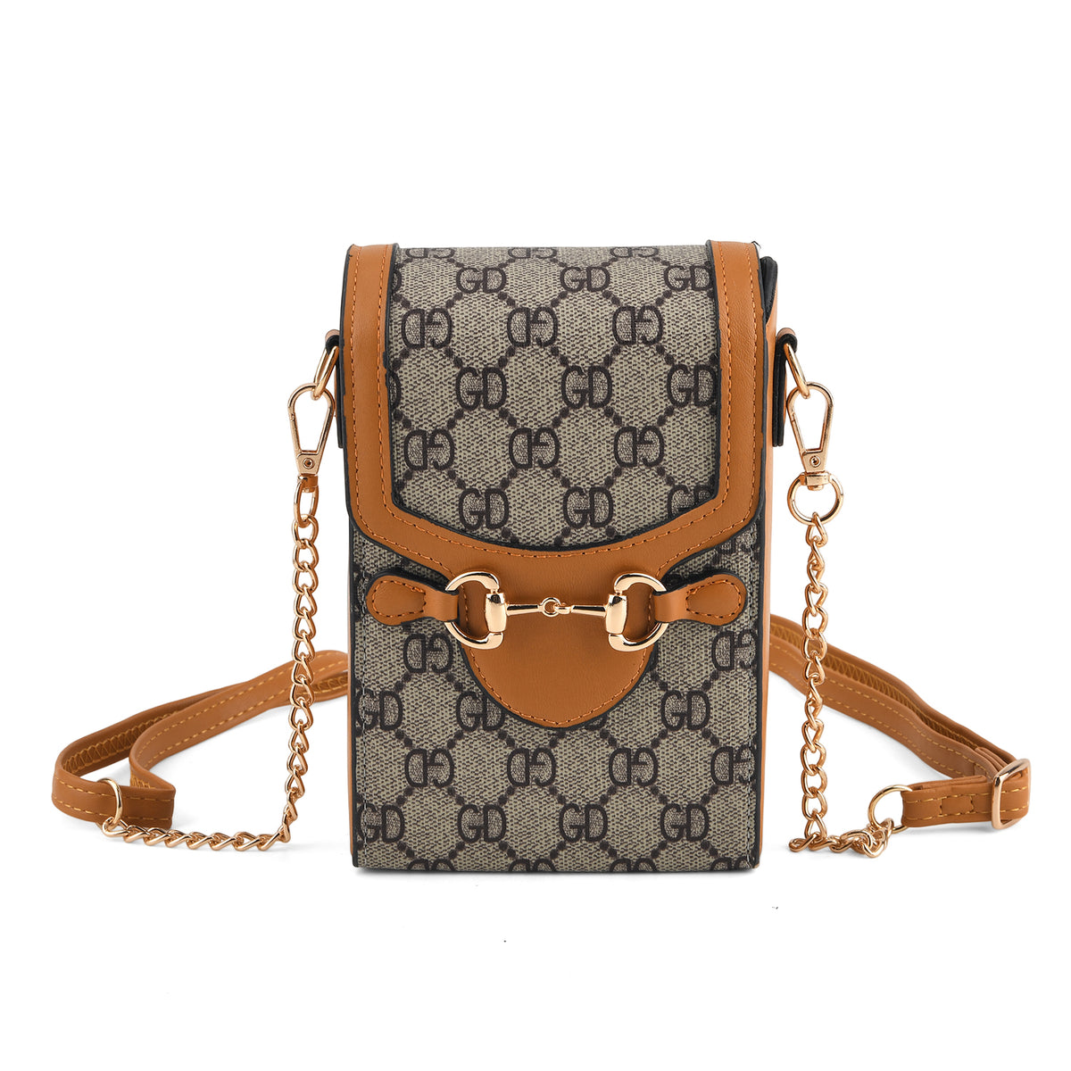 One Time Designer Closeout Deal - Plaid Crossbody Phone Bag with Snaffle Horsebit Detail &amp; Adjustable Length Strap - Brown V32578775 0
