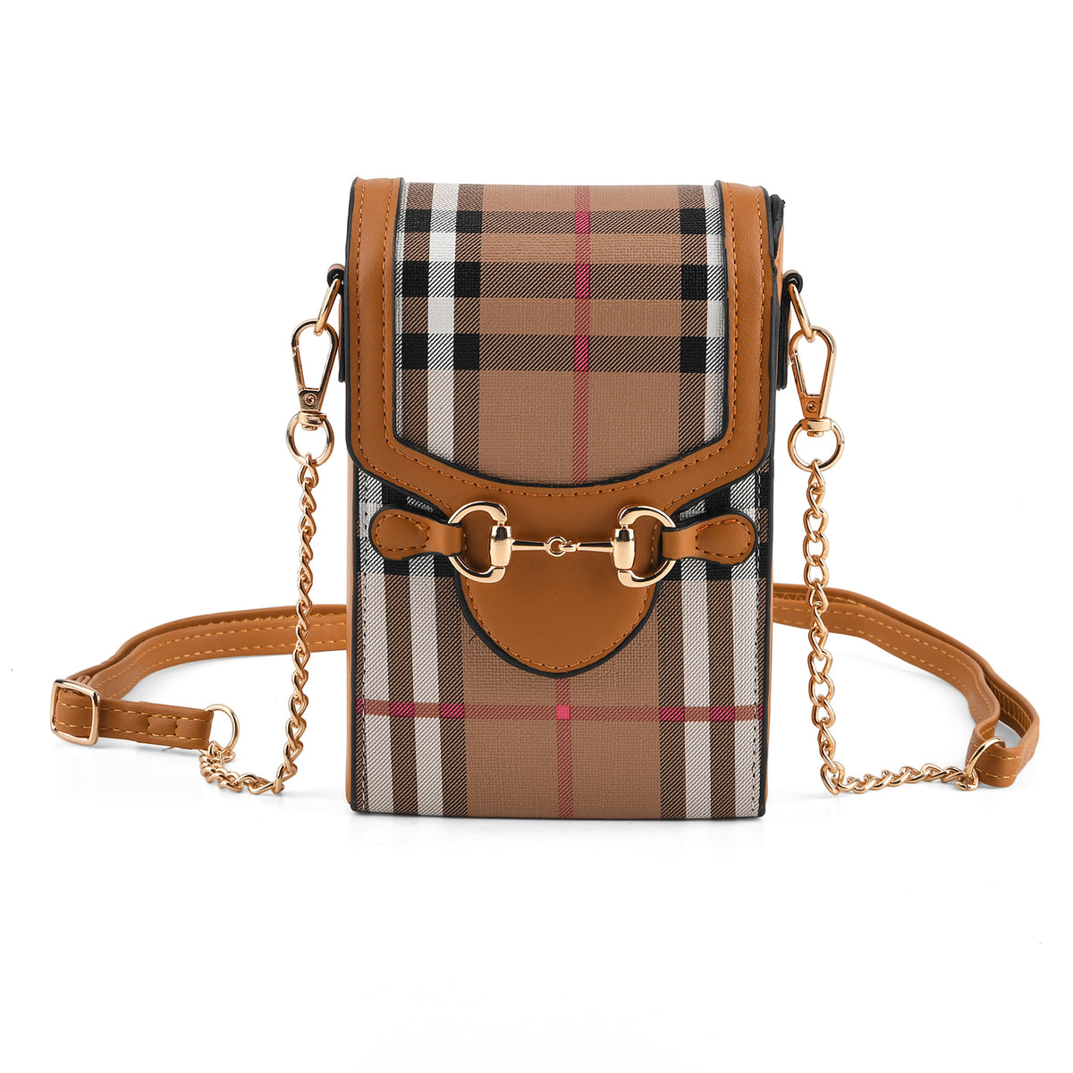 One Time Designer Closeout Deal - Plaid Crossbody Phone Bag with Snaffle Horsebit Detail &amp; Adjustable Length Strap - Multi V32577335 0