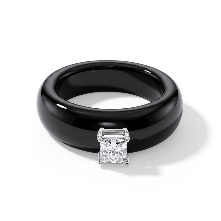 Natural Black Boot Jade &amp; Lab Grown Diamond (0.50Cts SI/GH )Solitaire Band Ring in Rhodium Overlay Sterling Silver 24.90 Ct. 8658036 1