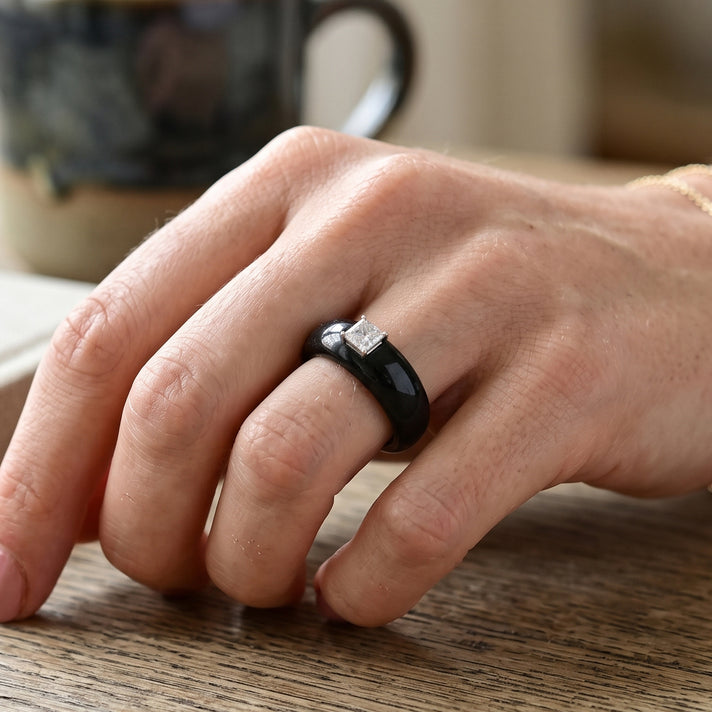 Natural Black Boot Jade &amp; Lab Grown Diamond (0.50Cts SI/GH )Solitaire Band Ring in Rhodium Overlay Sterling Silver 24.90 Ct. 8658037 2