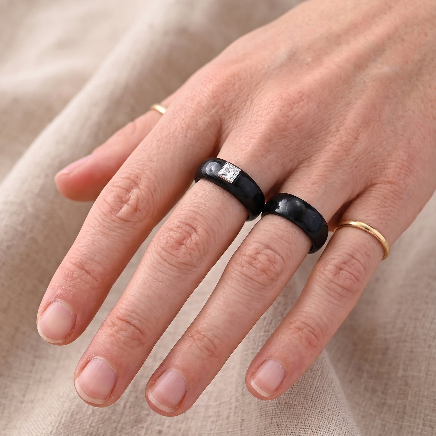 Natural Black Boot Jade &amp; Lab Grown Diamond (0.50Cts SI/GH )Solitaire Band Ring in Rhodium Overlay Sterling Silver 24.90 Ct. 8658038 3
