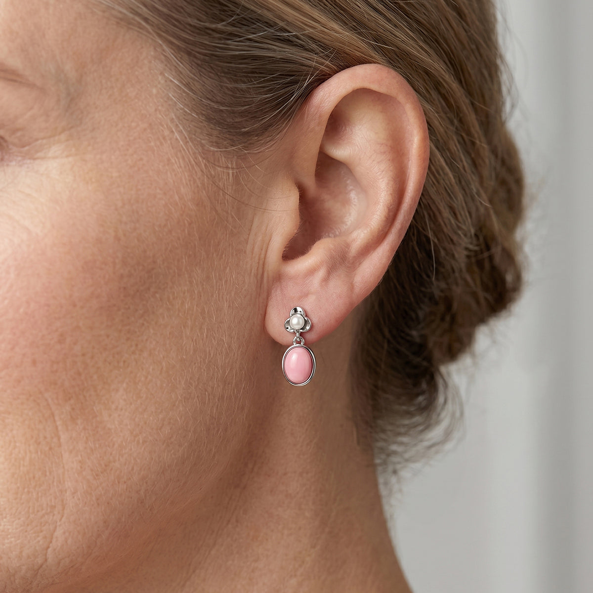 D'Joy - Pink Conch Shell &amp; Fresh Water Pearl Floral Drop Earring with Push Back in Rhodium Overlay Sterling Silver 8658118 2