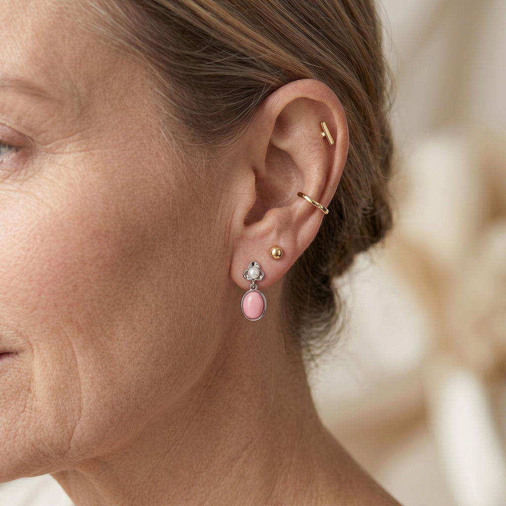 D'Joy - Pink Conch Shell & Fresh Water Pearl Floral Drop Earring with Push Back in Rhodium Overlay Sterling Silver_8658118_2