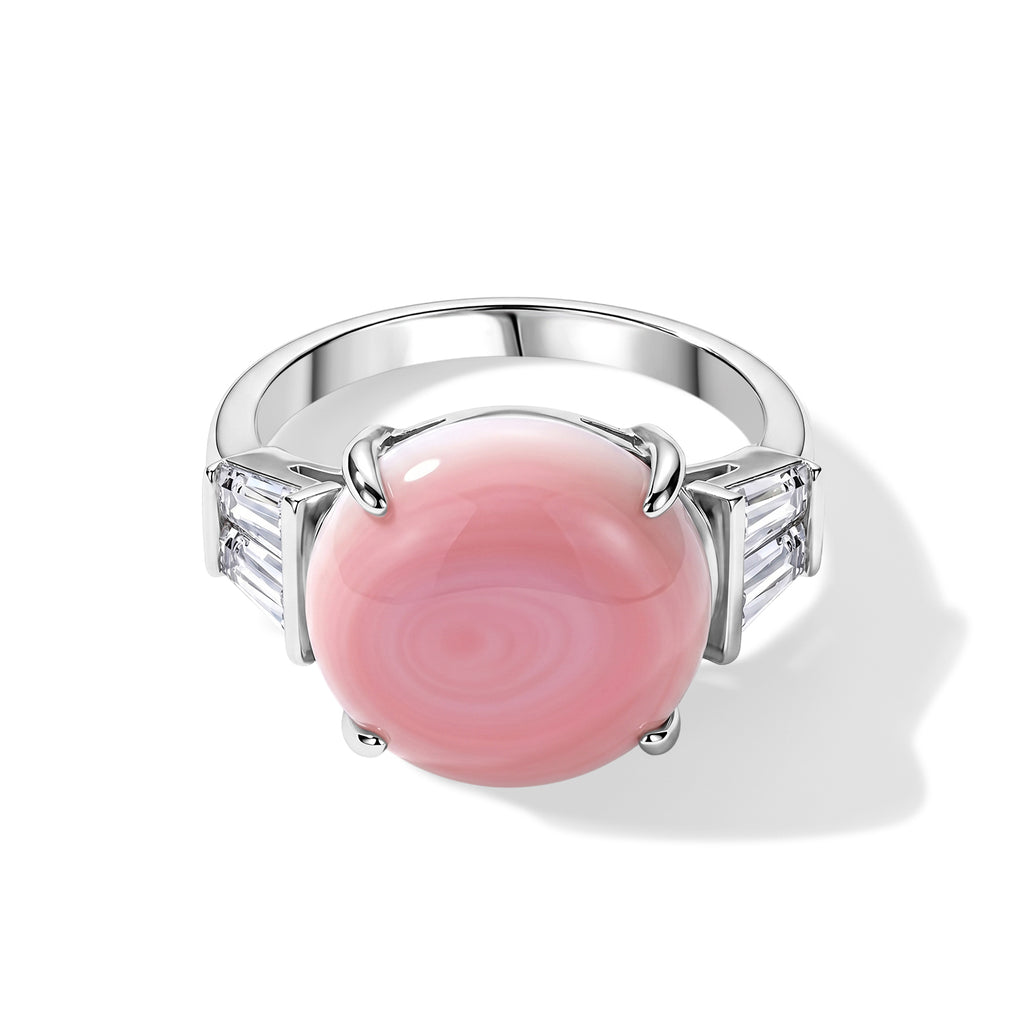 D'Joy - Pink Conch Shell & Moissanite Ring in Rhodium Overlay Sterling Silver_8658212
