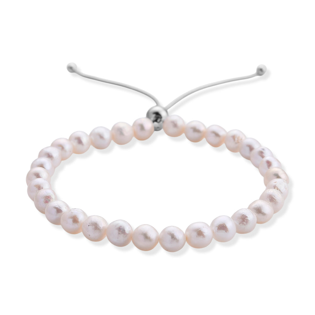 D'Joy - White Fresh Water Pearl Adjustable Beads Bracelet (Size - 6.5-9.5) in Rhodium Overlay Sterling Silver 30.00 Ct._8658266