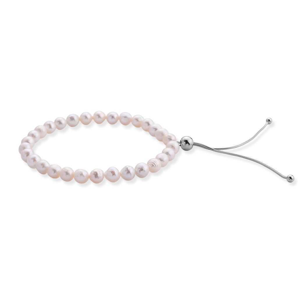 D'Joy - White Fresh Water Pearl Adjustable Beads Bracelet (Size - 6.5-9.5) in Rhodium Overlay Sterling Silver 30.00 Ct._8658266_2
