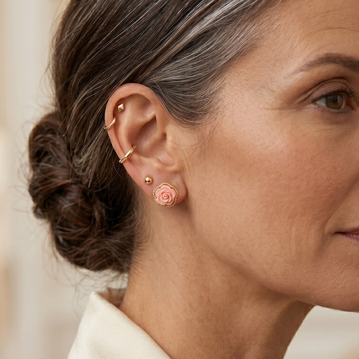 D'Joy - Pink Conch Shell Floral Stud Earring with Push Back in Yellow Gold Plated Sterling Silver 8658289 3