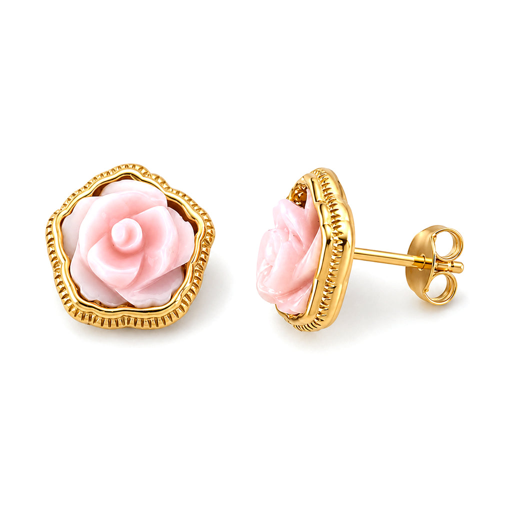 D'Joy - Pink Conch Shell Floral Stud Earring with Push Back in Yellow Gold Plated Sterling Silver_8658289_3