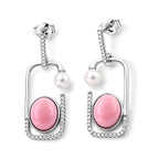 D'Joy - Pink Conch Shell, Moissanite & Fresh Water Pearl Geometric Drop Earring in Rhodium Overlay Sterling Silver_8658292