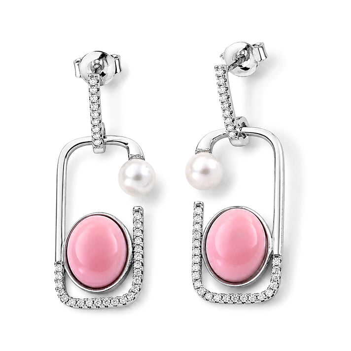 D'Joy - Pink Conch Shell, Moissanite &amp; Fresh Water Pearl Geometric Drop Earring with Push Back in Rhodium Overlay Sterling Silver 8658292 1