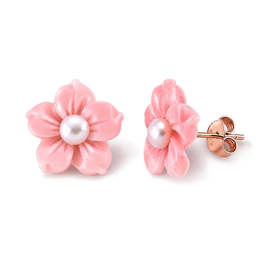 D'Joy - Pink Conch Shell & White Fresh Water Pearl Floral Carving Earring in Rose Gold Plated Sterling Silver_8658349_3