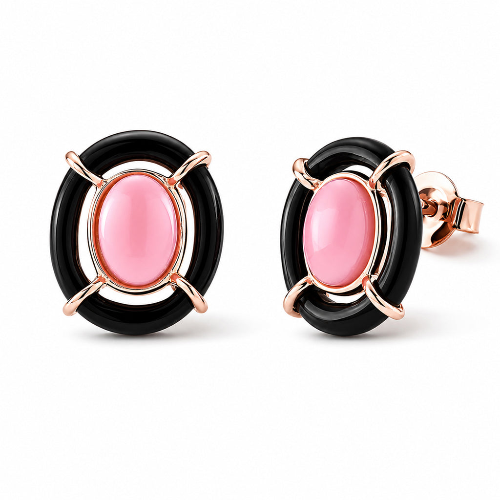 D'Joy - Pink Conch Shell & Dyed Black Jade Concentric Earring with Push Back in Rose Gold Plated Sterling Silver_8658392