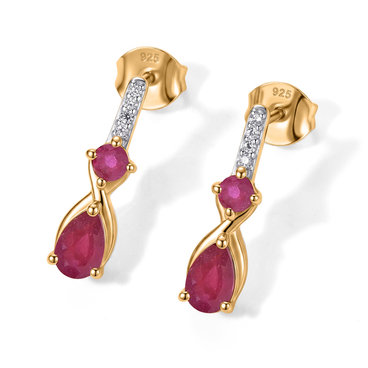 D'Joy - Premium African Ruby &amp; White Zircon Dangling Earring with Push Post in Yellow Gold Plated Sterling Silver 1.70 Ct. 8658919 0