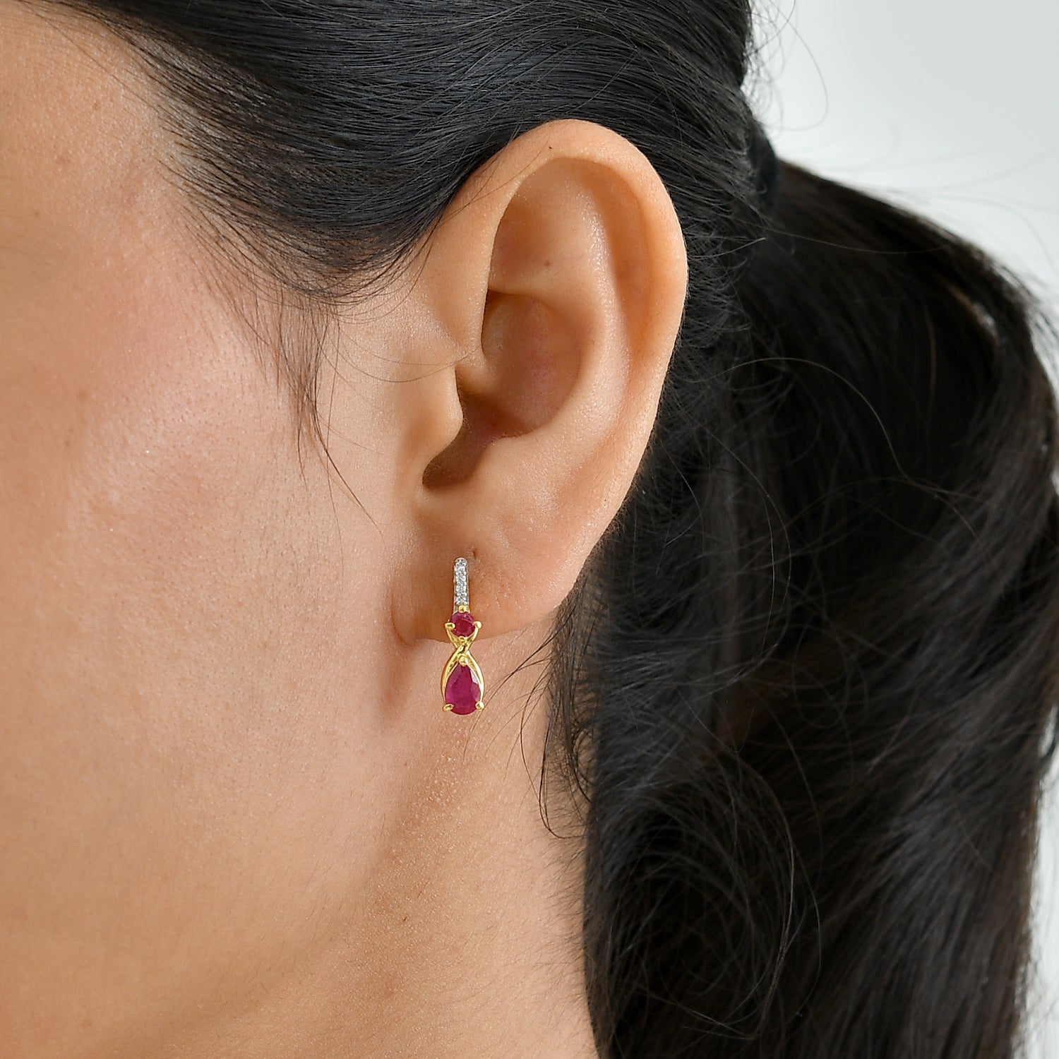 D'Joy - Premium African Ruby &amp; White Zircon Dangling Earring with Push Post in Yellow Gold Plated Sterling Silver 1.70 Ct. 8658919 1