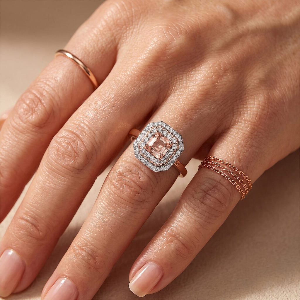 D'Joy - AGI Certified Pink Morganite & Moissanite Halo Ring in 18K Vermeil Rose Gold Plated Sterling Silver 1.40 Ct._8659033_2