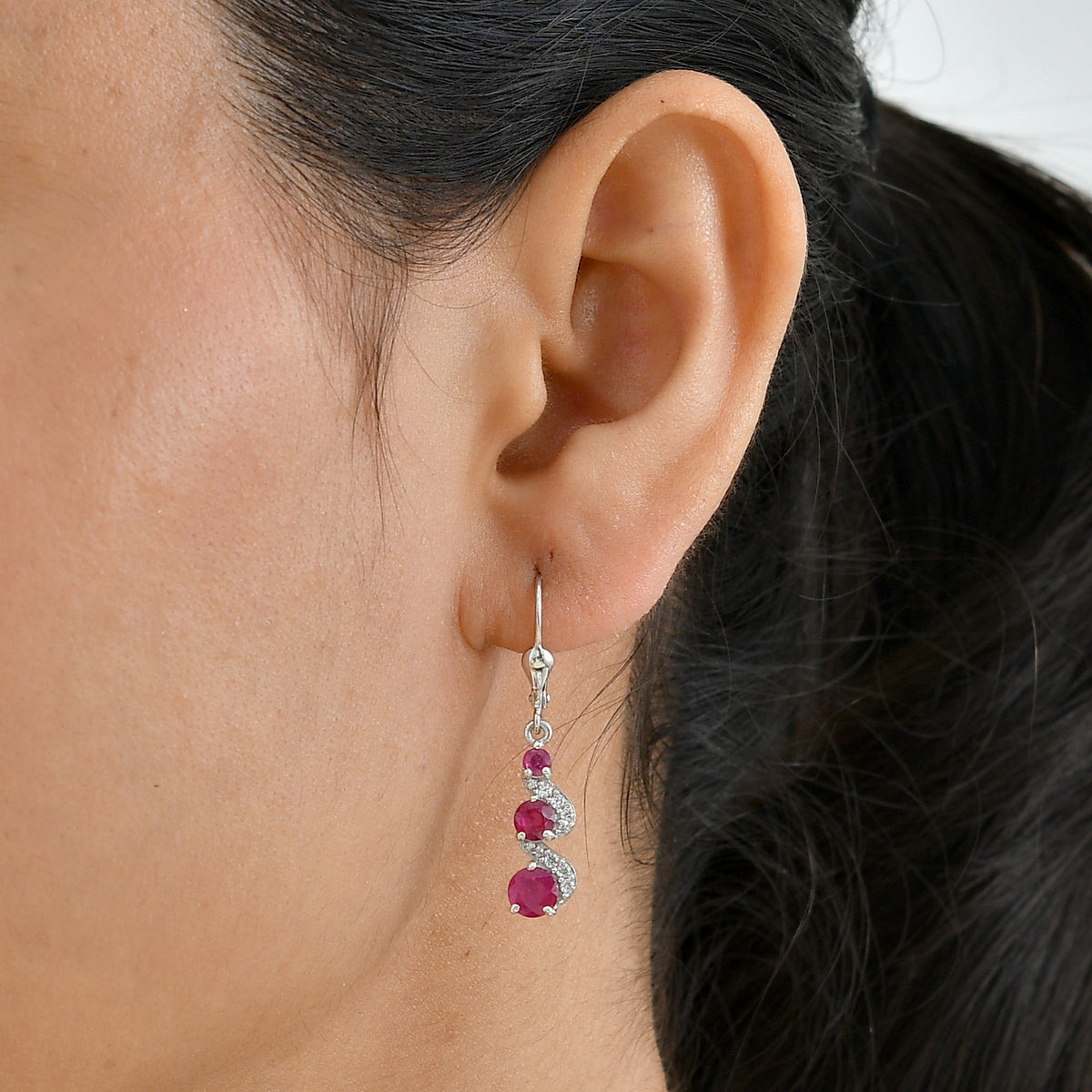 D'Joy - African Ruby &amp; White Zircon Journey Drop Earring with Lever Back in Rhodium Overlay Sterling Silver 3.00 Ct. 8660436 2