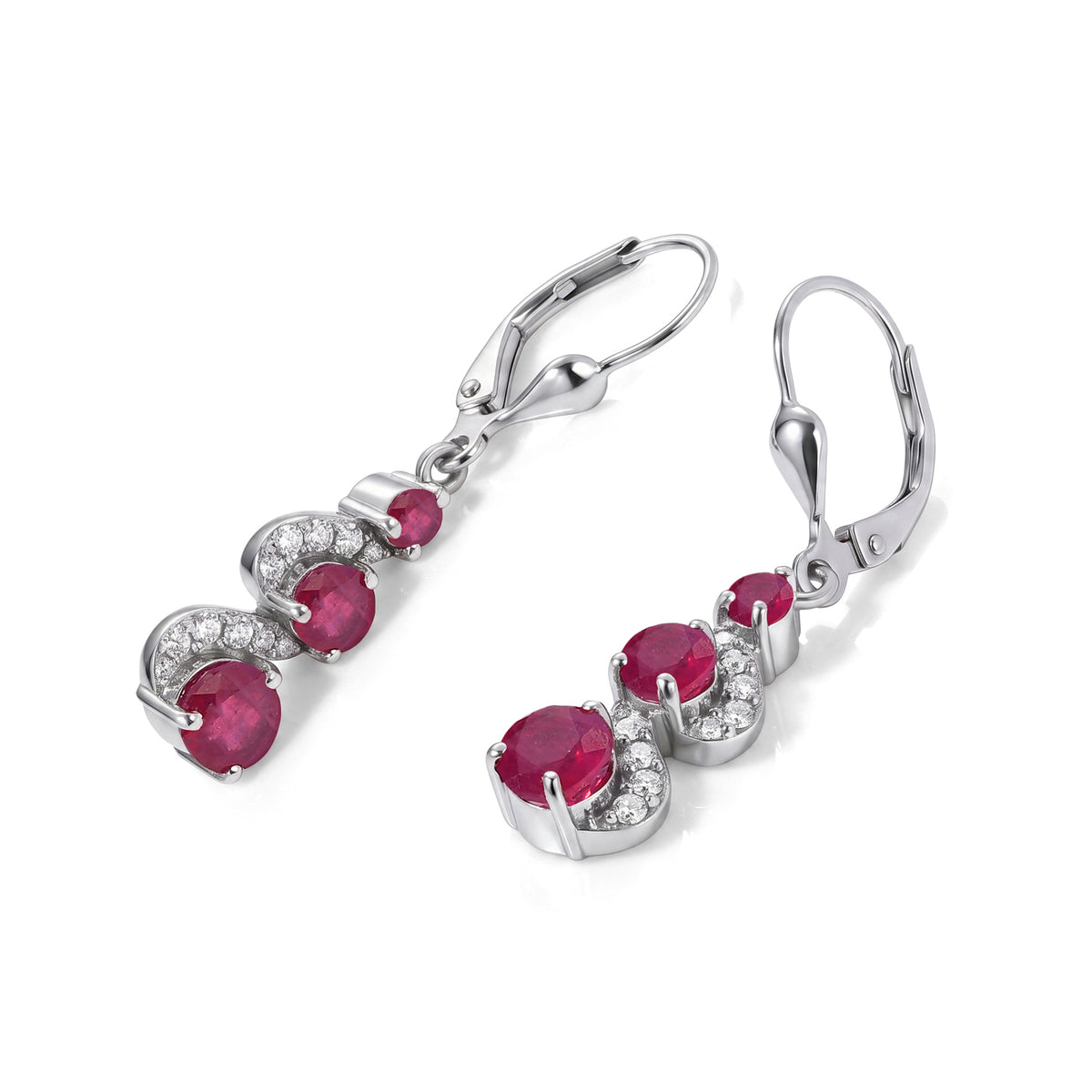 D'Joy - African Ruby &amp; White Zircon Journey Drop Earring with Lever Back in Rhodium Overlay Sterling Silver 3.00 Ct. 8660436 4