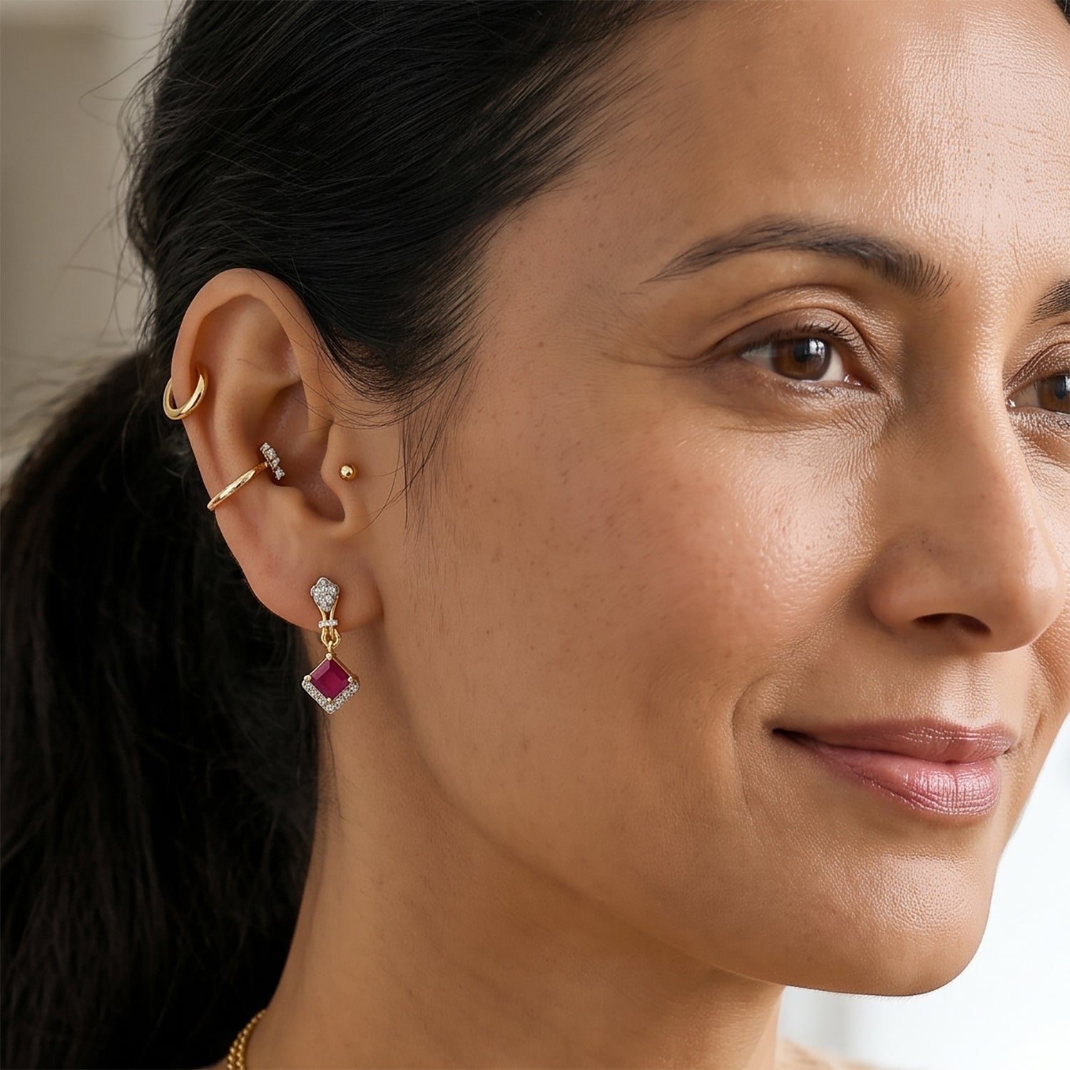 D'Joy - Premium African Ruby &amp; White Zircon Dangling Earring with Push Post in Yellow Gold Plated Sterling Silver 2.50 Ct. 8660558 2