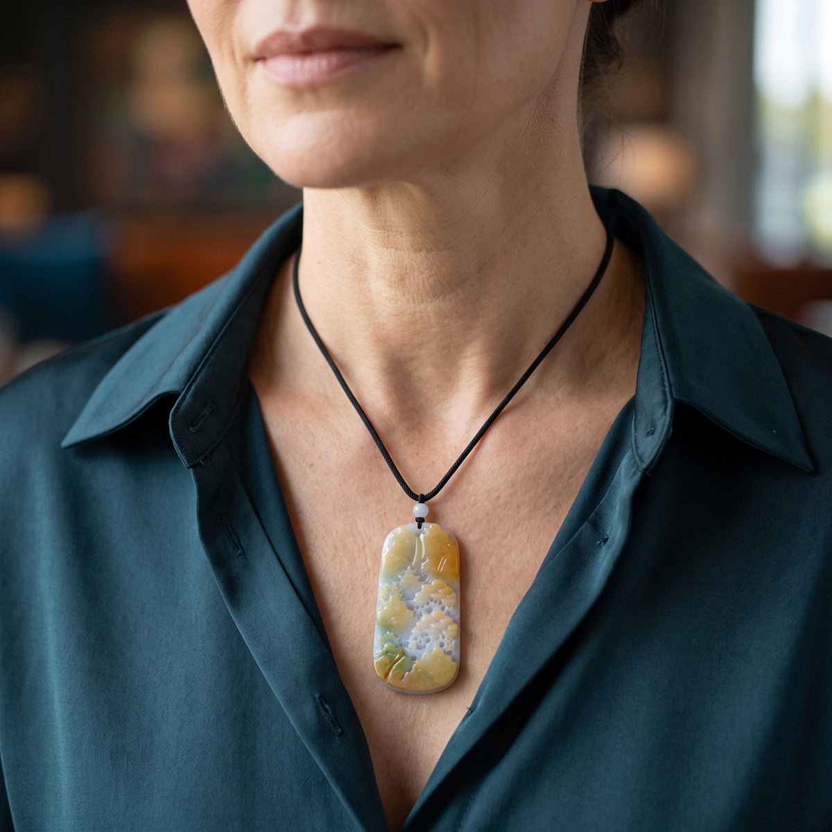 Chairman Collection Natural Type A Bi Colour Honey Burmese Jadeite Mountain Serenity Carved Necklace with (Size Adjustable Upto 28) 235.00 Ct. 8660899 2