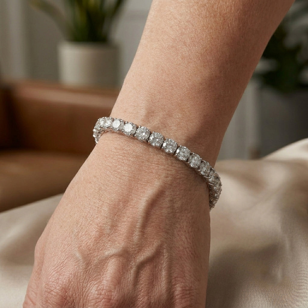 D'Joy - GRA Certified Moissanite (VVS1-D) Tennis Bracelet (Size - 8) in Rhodium Overlay Sterling Silver 23.50 Ct, Silver Wt. 13.00 Gms_8661806_1