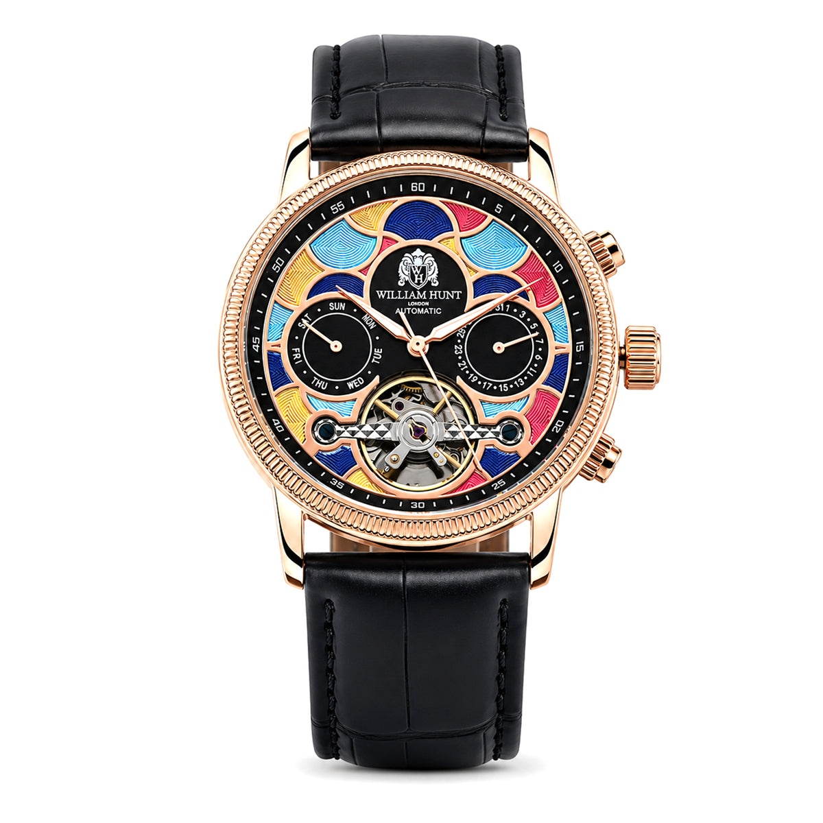 FINAL WATCH OF CLEARANCE - William Hunt Limited Edition Mosaic Automatic Movement 5ATM Water Resistant Enamel Skeleton Dial &amp; Rose Gold Plated UNISEX Watch with Black Genuine Leather Strap V32619144 0