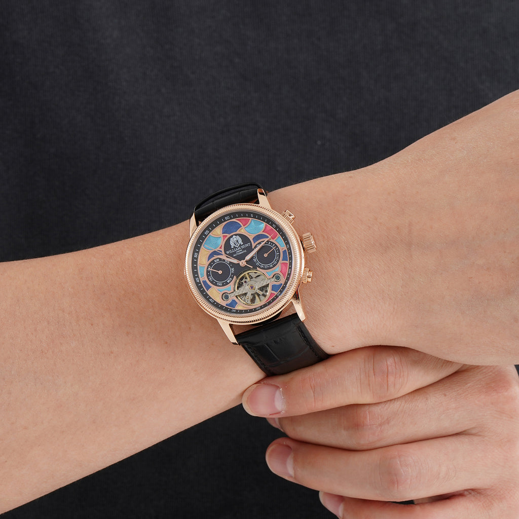 William Hunt Limited Edition Mosaic Automatic Movement 5ATM Water Resistant Enamel Skeleton Dial & Rose Gold Plated UNISEX Watch with Black Genuine Leather Strap_8662144_1