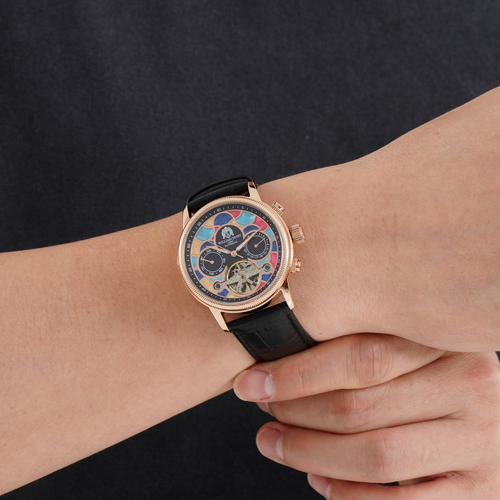FINAL WATCH OF CLEARANCE - William Hunt Limited Edition Mosaic Automatic Movement 5ATM Water Resistant Enamel Skeleton Dial &amp; Rose Gold Plated UNISEX Watch with Black Genuine Leather Strap V32619144 2