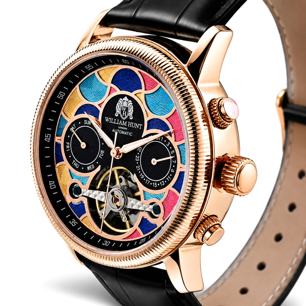 William Hunt Limited Edition Mosaic Automatic Movement 5ATM Water Resistant Enamel Skeleton Dial & Rose Gold Plated UNISEX Watch with Black Genuine Leather Strap_8662144_2